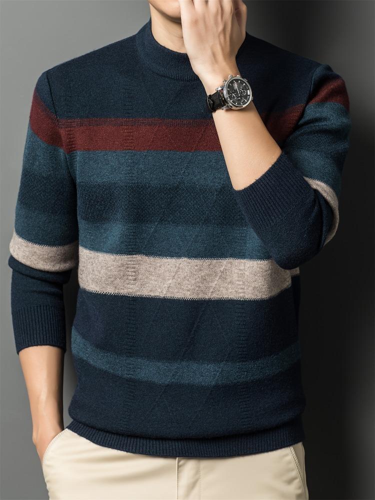 All Match Knitted Color Block Sweater, Men's Casual Warm High Stretch Crew Neck Pullover Sweater For Men Fall Winter