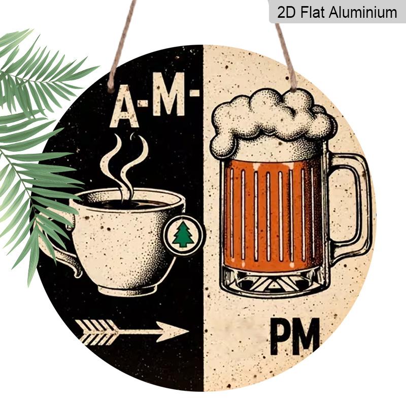 2D Flat Aluminum 7.87 Inch X 7.87 Inch "Morning Coffee, Afternoon Beer" Style Wall Hanging. Suitable for Bars, Living Rooms, Kitchens, Cafes, Clubs