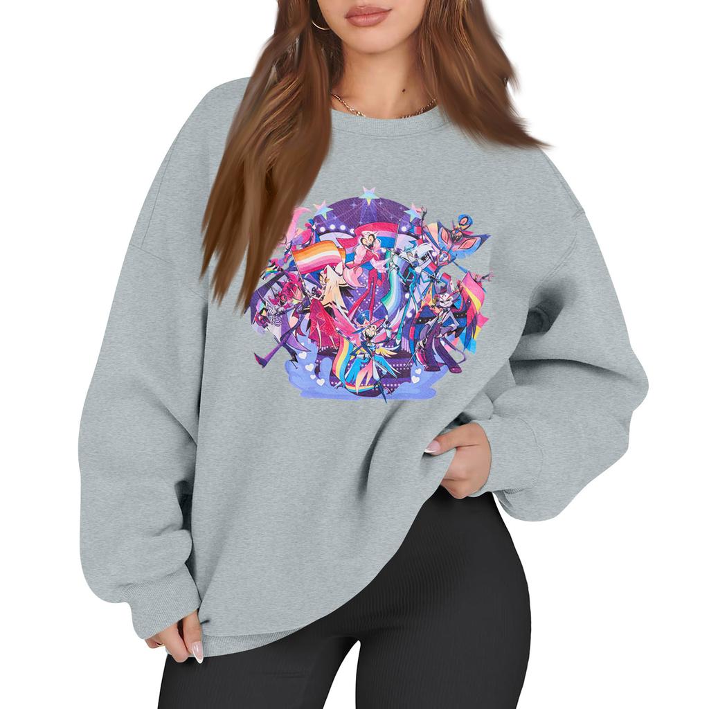 Women's Fashion Long Sleeve Print Round Neck Loose Pullover Sweater Top