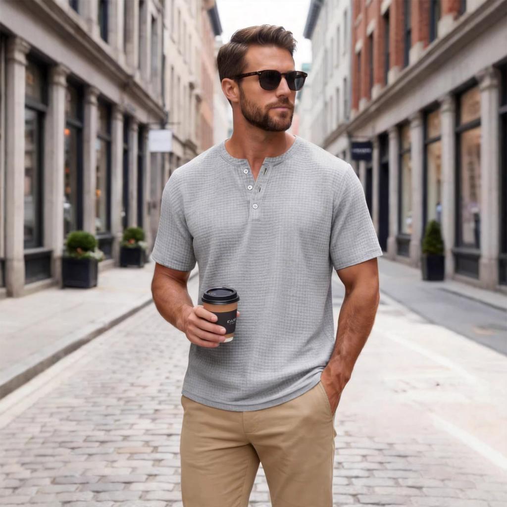 Men's Round Neck Single Breasted Collared Shirt  Men's Casual And Comfortable Short Sleeved Shirt