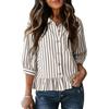 Women's Collar Three Quarter Sleeve Button Down Striped Blouse Loose Vintage Ruffle Hem Casual Commuter Shirt