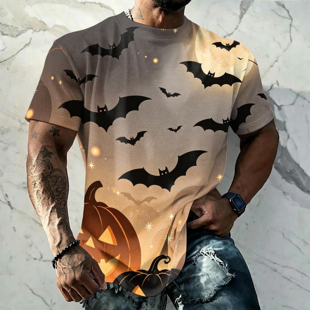 Men's Halloween Vintage Short Sleeve T Shirt Loose Breathable Summer Sports Street Casual Everyday Top with Pumpkin and Bat Print