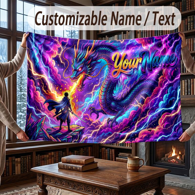 Dragon Theme Throw Blanket Custom Name Text Personalized Blanket Soft Cozy Blanket for Home Sofa Bed