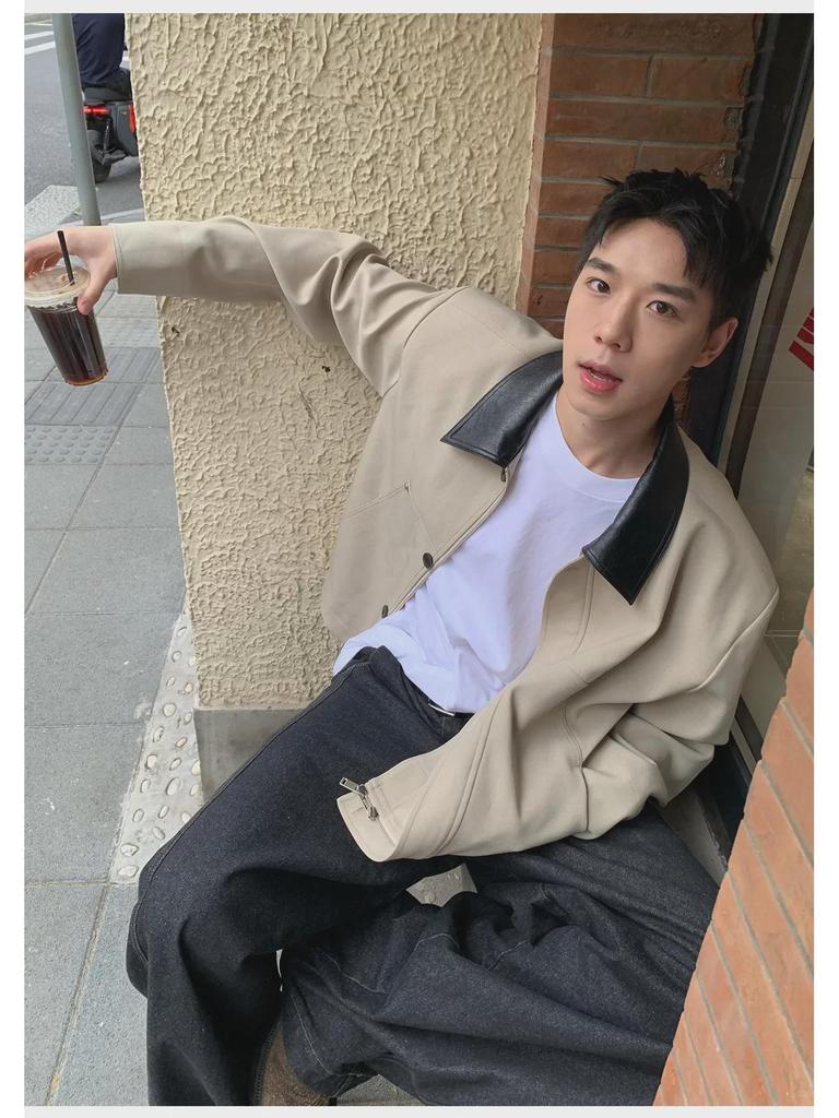 Korean Style Men's Contrast Lapel Leather Jacket - Autumn Short, Loose Fit with Padded Shoulders