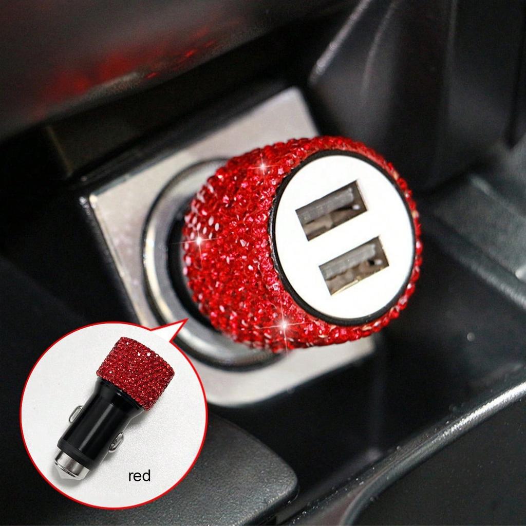 1pc Bling Bling Rhinestone Studded Car Charger, Fast Charging, USB A/C Car Phone Charger, Heart-Shaped LED Display Rhinestone Car Charger Adapter