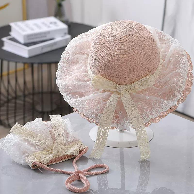 Children's Summer Sun Straw Hat Sunshade Little Girl Princess Lace Hat Big Brim with Rope Parent-child Hat Bag