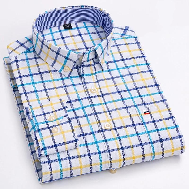 Men Social Shirts Long Sleeve 100% Pure Cotton Oxford Soft Buttoned Plaid Formal Male Clothes Oversized Shirt Plus Size 6XL 7XL
