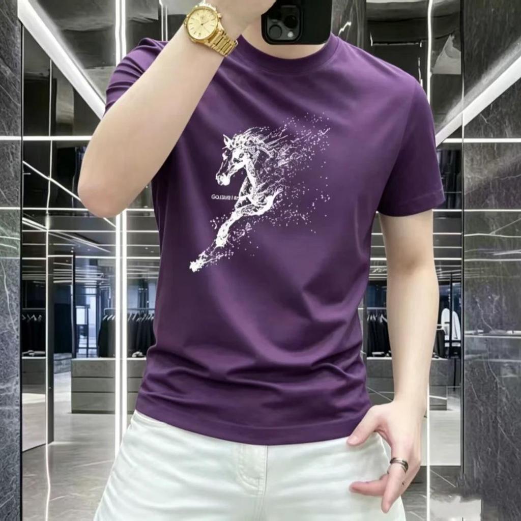 2026 Trendiges Herren-Schwergewicht-Baumwoll-Grafik-T-Shirt, Jahr des Pferdes, Kurzarm, Rundhalsausschnitt, Atmungsaktiv