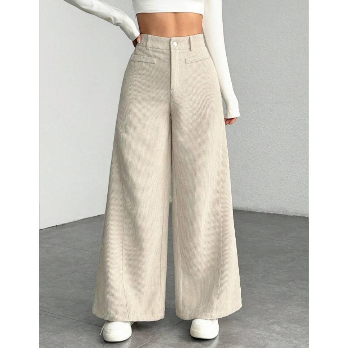 Women s High Waist Corduroy Wide Leg Pants Loose Straight Full Length Casual Trousers With Fake Pocket Detail S