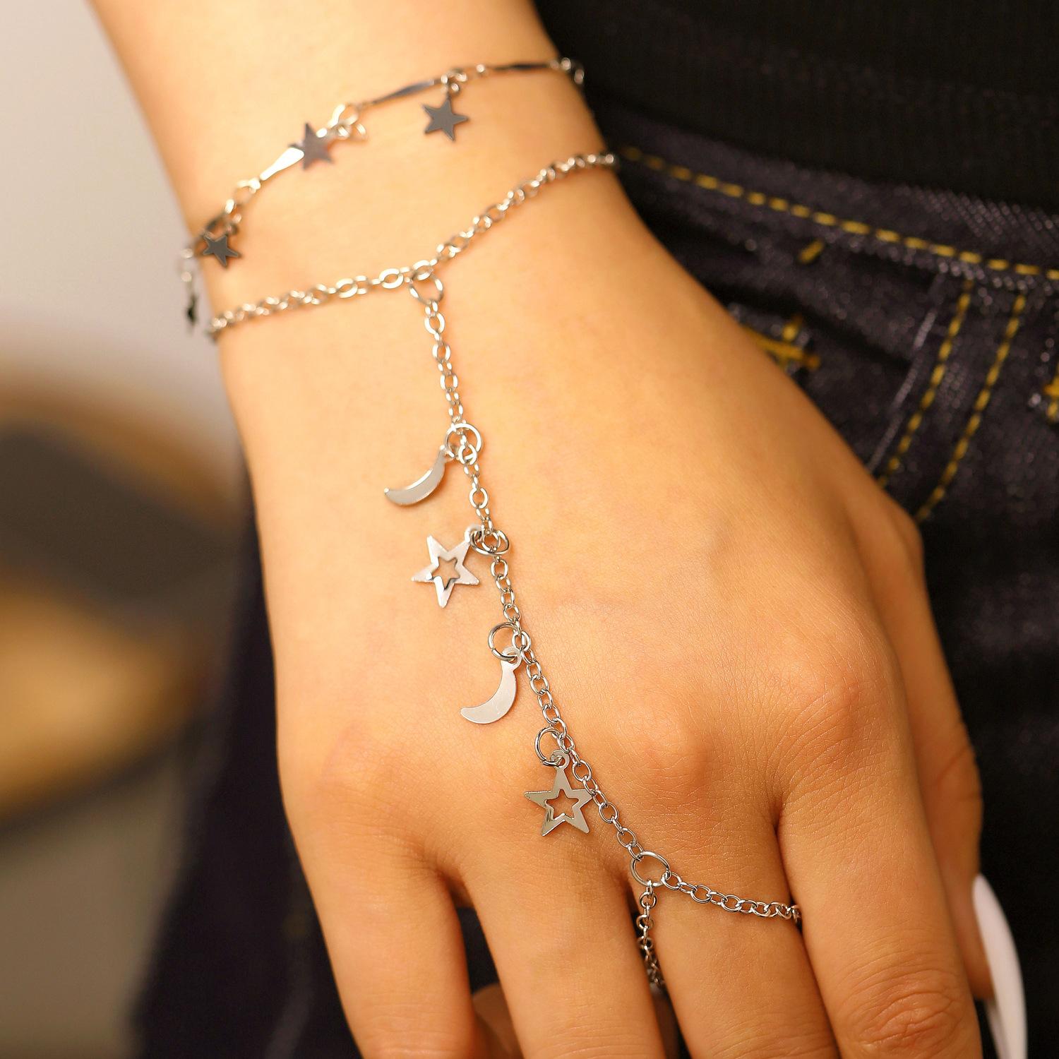 2026 New Trendy Star Moon Tassel Pendant Bracelets for Women Ladies Double Layered Finger Rings Bracelets Jewelry Accessories