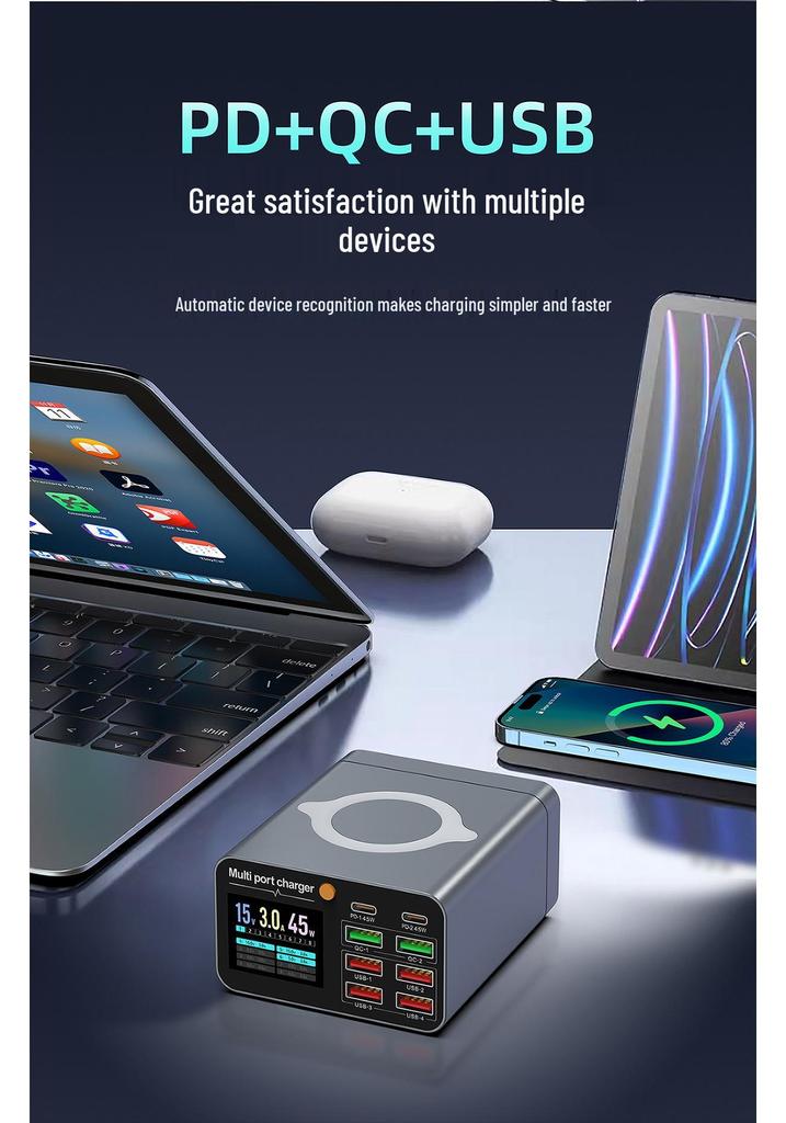 80W Multi-Port Charger: 6A2C Digital Display Wireless Desktop Fast Charging Station for Phones & Laptops.