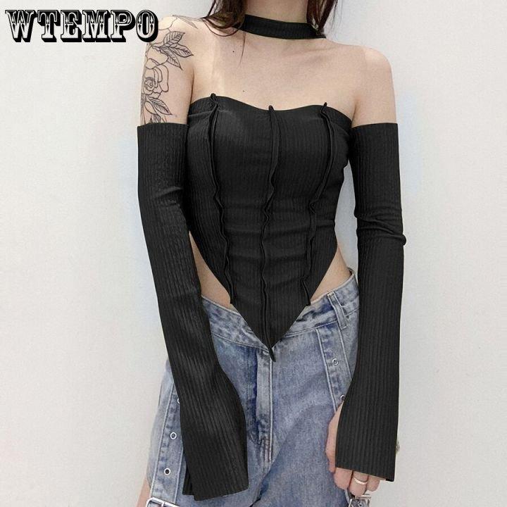WTEMPO Casual Off Shoulder Halter T-Shirts for Women Spring Streetwear Stretchy Wild Slim Y2K Basic Tops