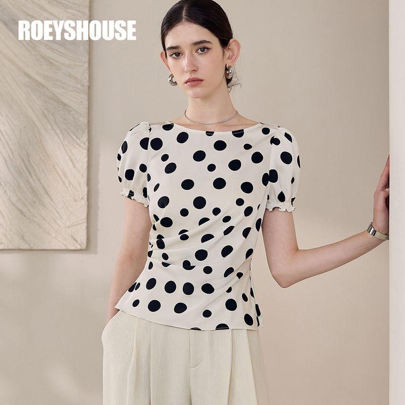 

Roeyshouse Fashion Commuting Polka Dot Shirts Women 2025 Summer New Puff sleeve Slim fit Satin Top 12336 Wave point S
