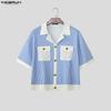 INCERUN Summer Men Lapel Short Sleeve Striped Print Patchwork Button Up Casual Crop Shirts