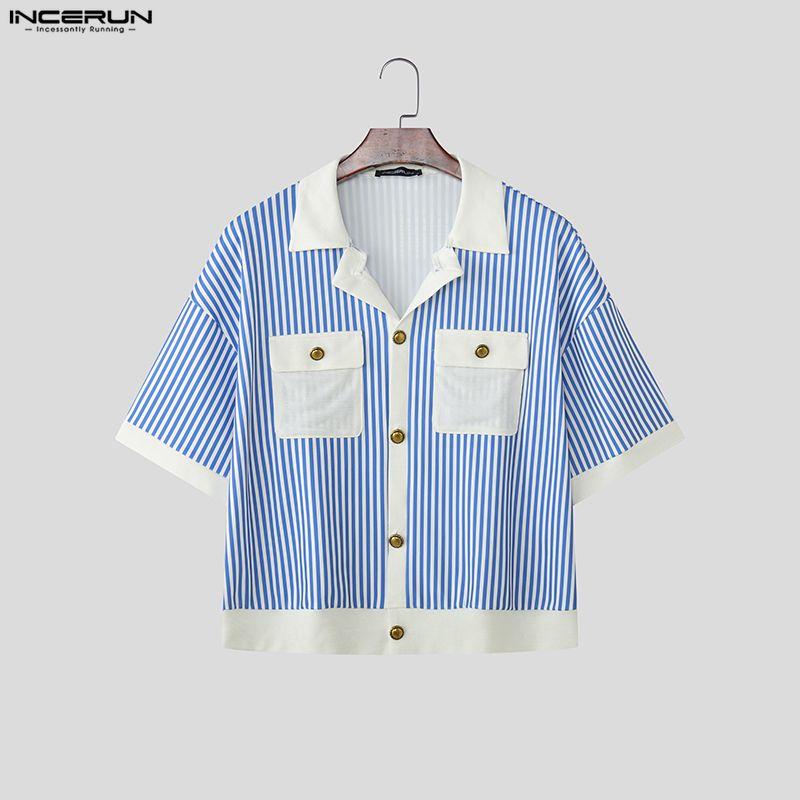 INCERUN Summer Men Lapel Short Sleeve Striped Print Patchwork Button Up Casual Crop Shirts