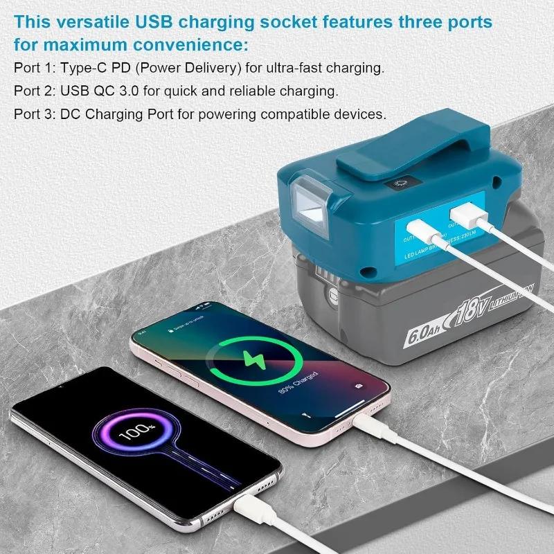Battery Adapter with Led Work Light For Makita 14.4V18V Li-on Battery with Dual USB Type-c DC Port Emergency Power Supply