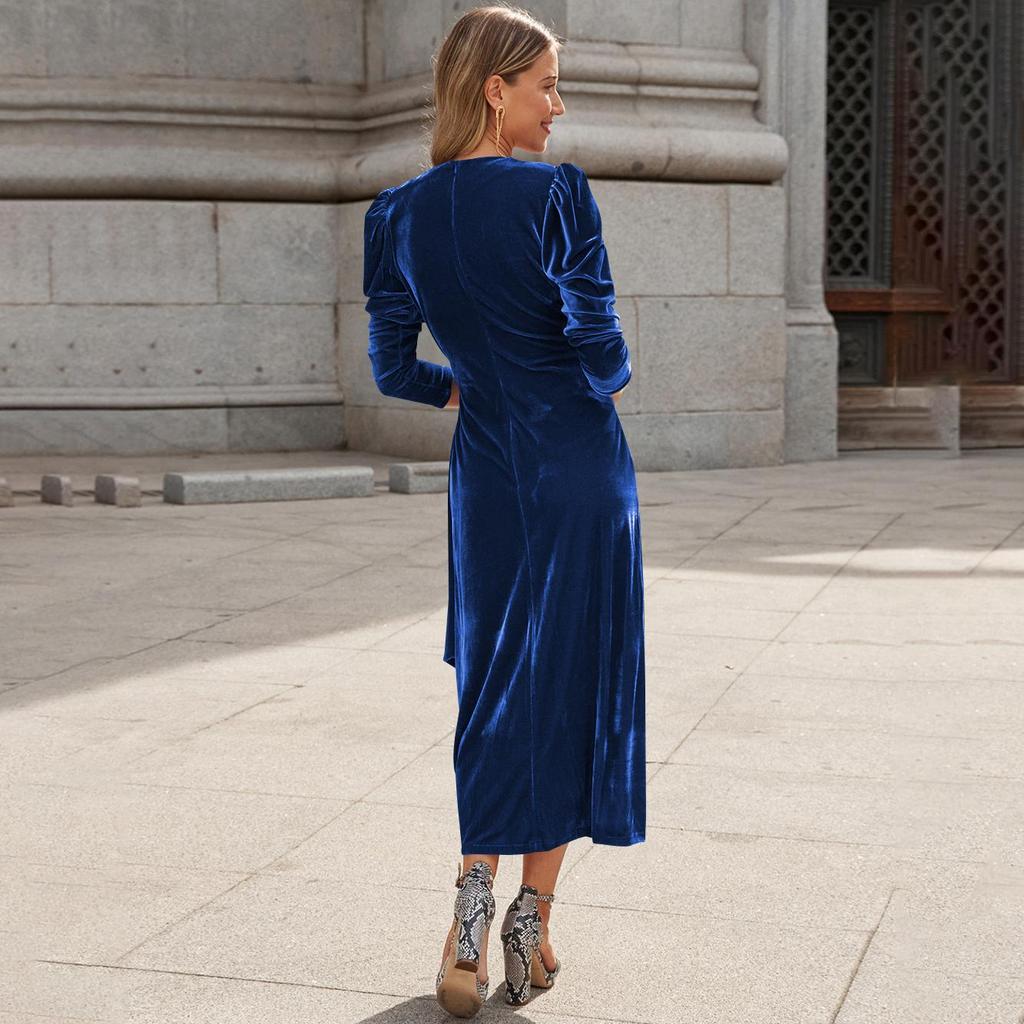 Kadın Bahar Gece Elbisesi Uzun Kollu Zarif V Yaka A-Line Yüksek Bel Kemeri Uzun Kadife Elbiseler Düz Renk