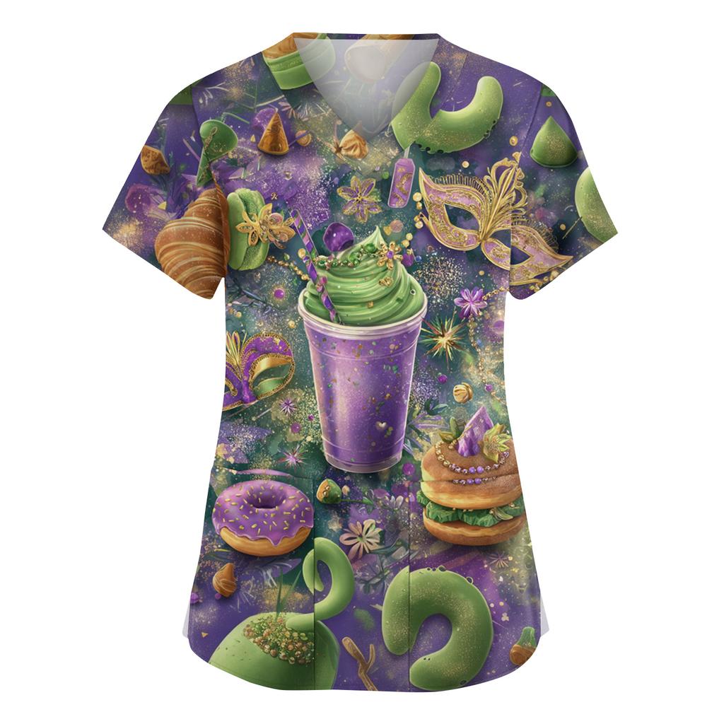 Women's Fashion V-Neck Short Sleeve Overalls With Pockets  Print Tops  Clothes