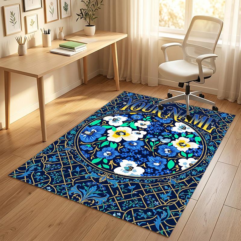 Floral Art Card Theme Soft Crystal Velvet Rug Custom Name & Text Print Non Slip Floor Rug for Bedroom Living Room
