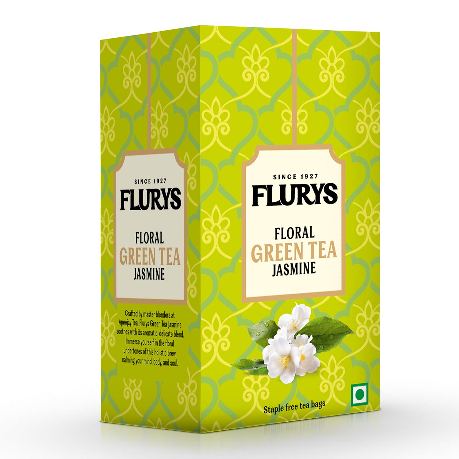Флурис Зеленый чай с жасмином | Зеленый чай с ароматными и нежными нотками жасмина | Успокаивающий и богатый антиоксидантами для здоровья | 25 чайных пакетиков