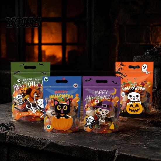 Cartoon Print Treat Bags 4PCS Halloween Candy with Handle, Translucent Stand-up Dessert Pouches, Designs Storage Pouches for Party Snacks Self Sealing