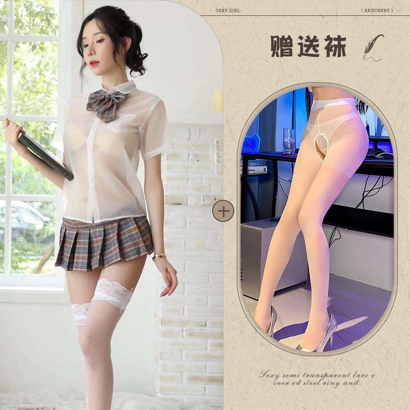 Sexy lingerie girls' school wear transparent shirt short skirt girls' uniform suit pure and sweet temptation tight