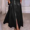 Women's Faux Leather Front Zip Long Dress V Neck Sleeveless Smocked High Waist Pleated