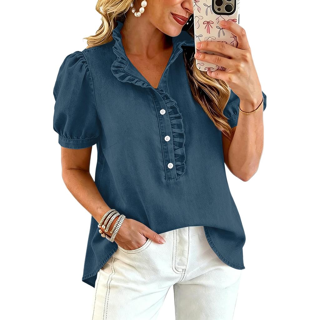 Women Ruffle V Neck Blouse Short Sleeve Casual Loose Fit Solid Top with Button Front and Puff Sleeves for Daily Wear