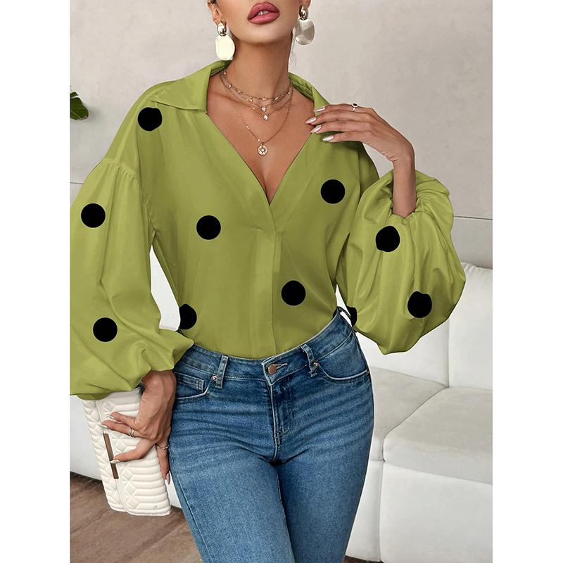 Frühling Herbst Neu Trendig Gepunktet Halbkragenshirt für Damen Lässig Locker Blasenärmel Langarm Vielseitige Bürooberteile Damen