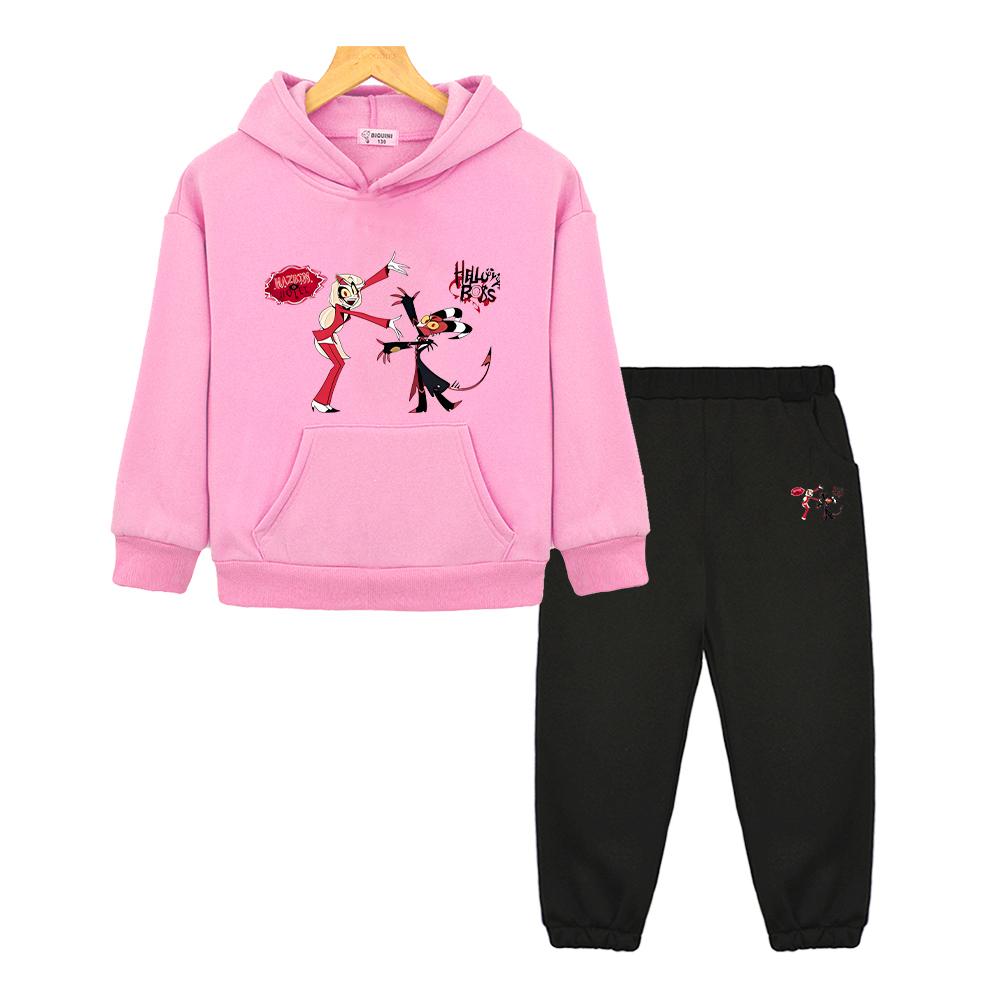 

helluva boss print hoodie Fleece Comfortable Sweatshirt Autumn jacket boy girl Spors Sets 2PCS pullover+Pant kid boutique clothe 130 розовый