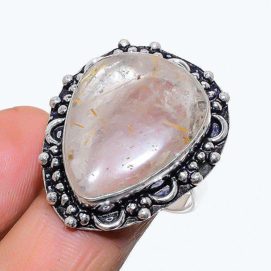 

Golden Rutile Gemstone Handmade 925 Sterling Silver Jewelry Ring Size 9 SU-10546