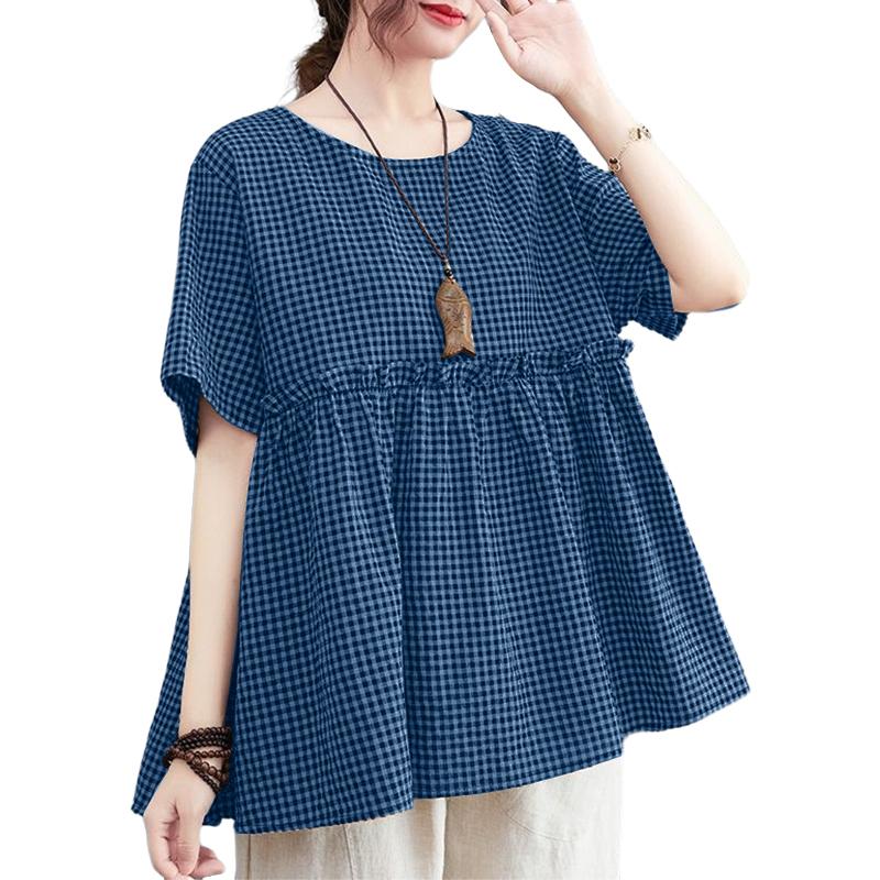 ZANZEA Women Casual Round Neck Summer Short Sleeve Plaid Print Blouse