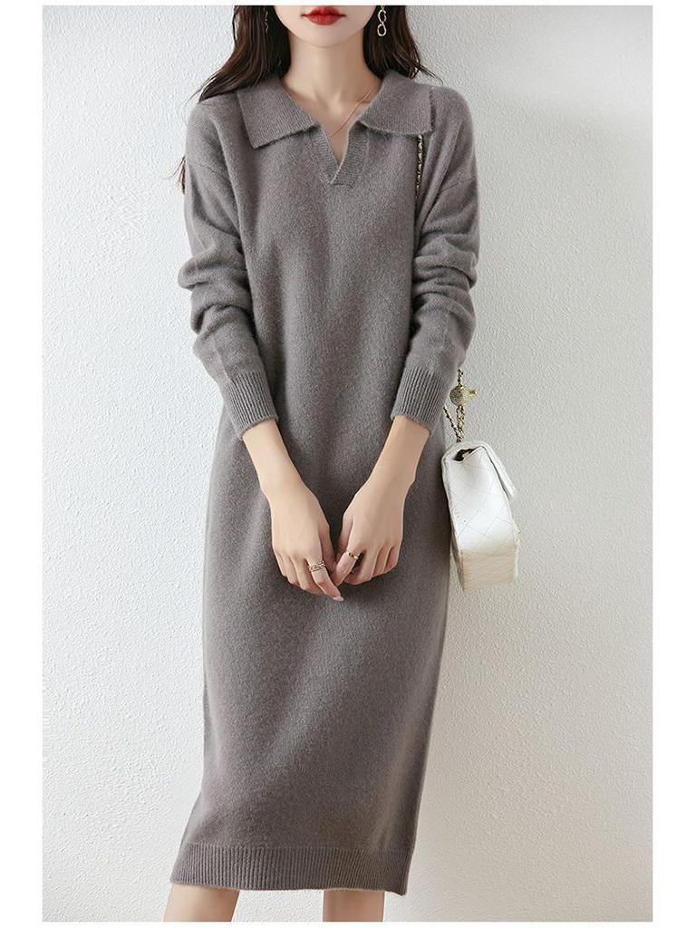 Women's Thickened Wool Polo Neck Long Dress - Autumn/Winter Loose Knit Base Layer 