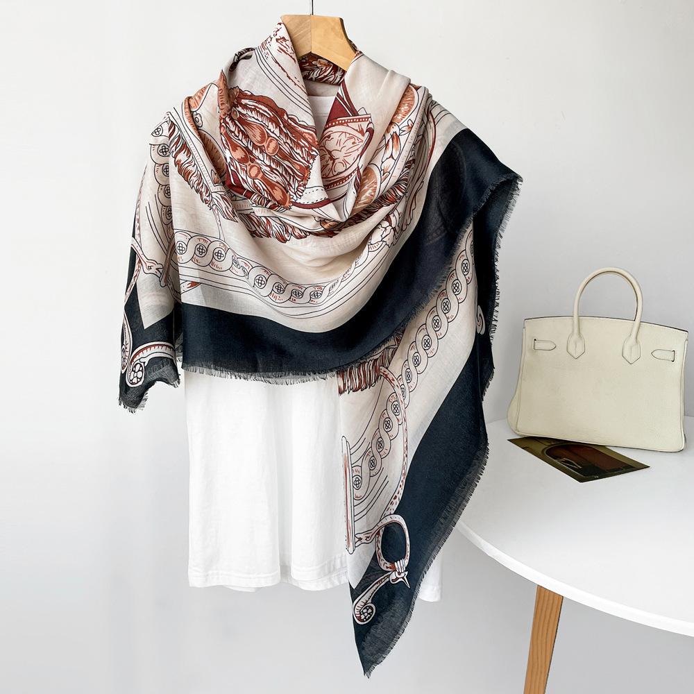 Black retro 135 square scarf autumn and winter new shawl silk scarf literary imitation cotton and linen scarf rough edge hollow out