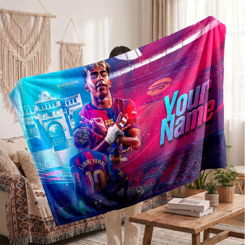 Coperta in pile personalizzata Lamine Yamal con logo del calcio, testo con nome personalizzato, morbida, calda, coperta da divano per la casa