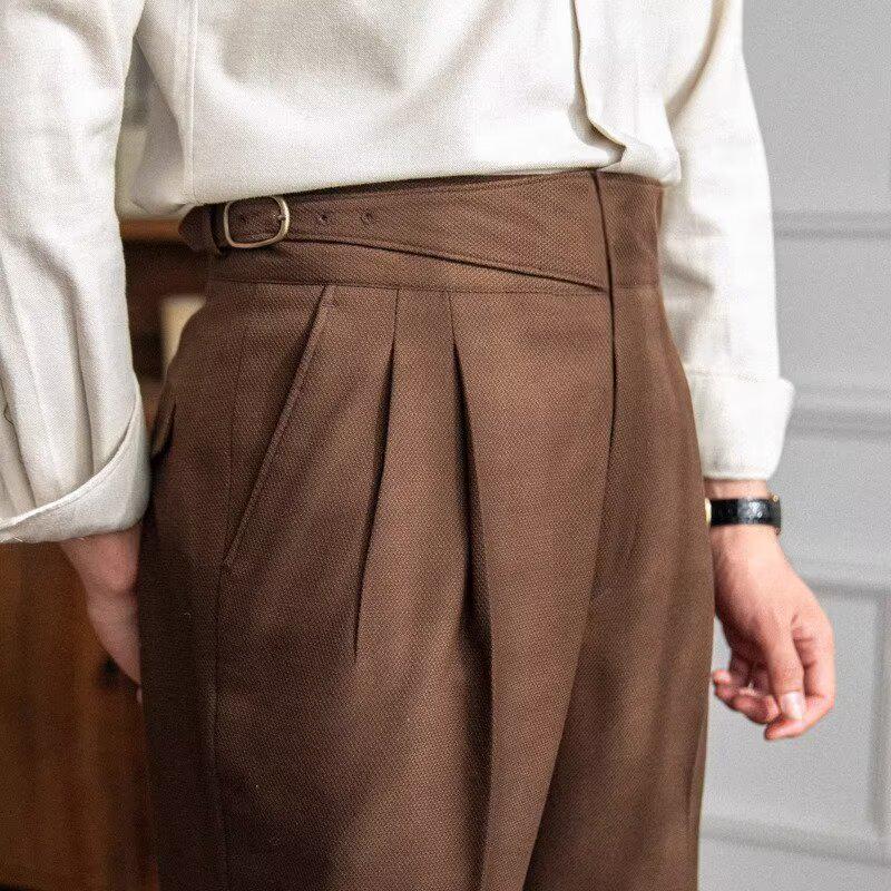 Men's Casual High-Waist Autumn Trousers with Paris Buckle – Retro Drape Business Suit Pants