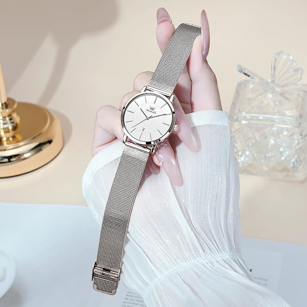 OLEVS Women's Minimalist Casual Watch Leather Band Waterproof Analog Quartz with Date Calendar Silver Mesh Strap