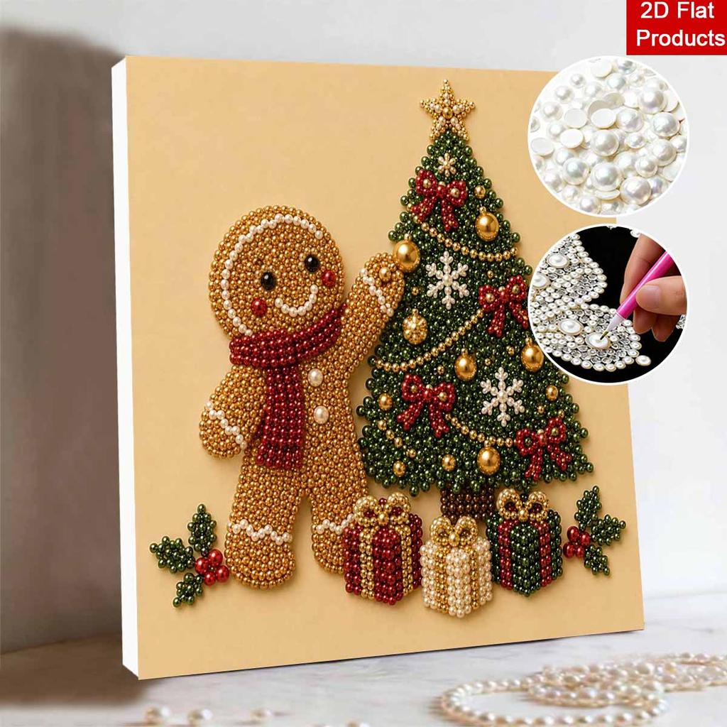 Framed Pearl Bead Art Set with Gingerbread Man Christmas Tree DIY Sparkling Canvas Painting Relaxing Hobby Gift for Holiday Wall Decor