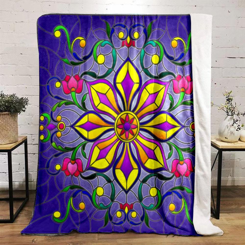 Purple and Yellow Mandala Flower Design Patterned flannel blanket perfect for the bedroom living room, sofa, or a little nap