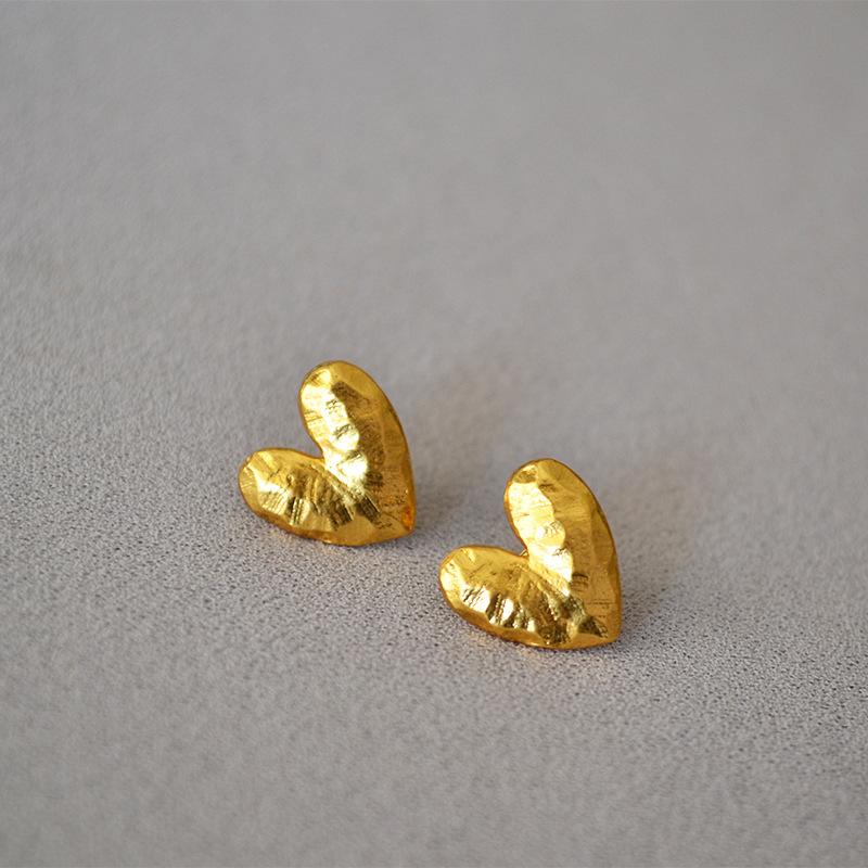 Stars Have The Same Texture Rock Sand Surface Brass Gold-Plated Retro Simple Love 925 Silver Needle Stud Earrings