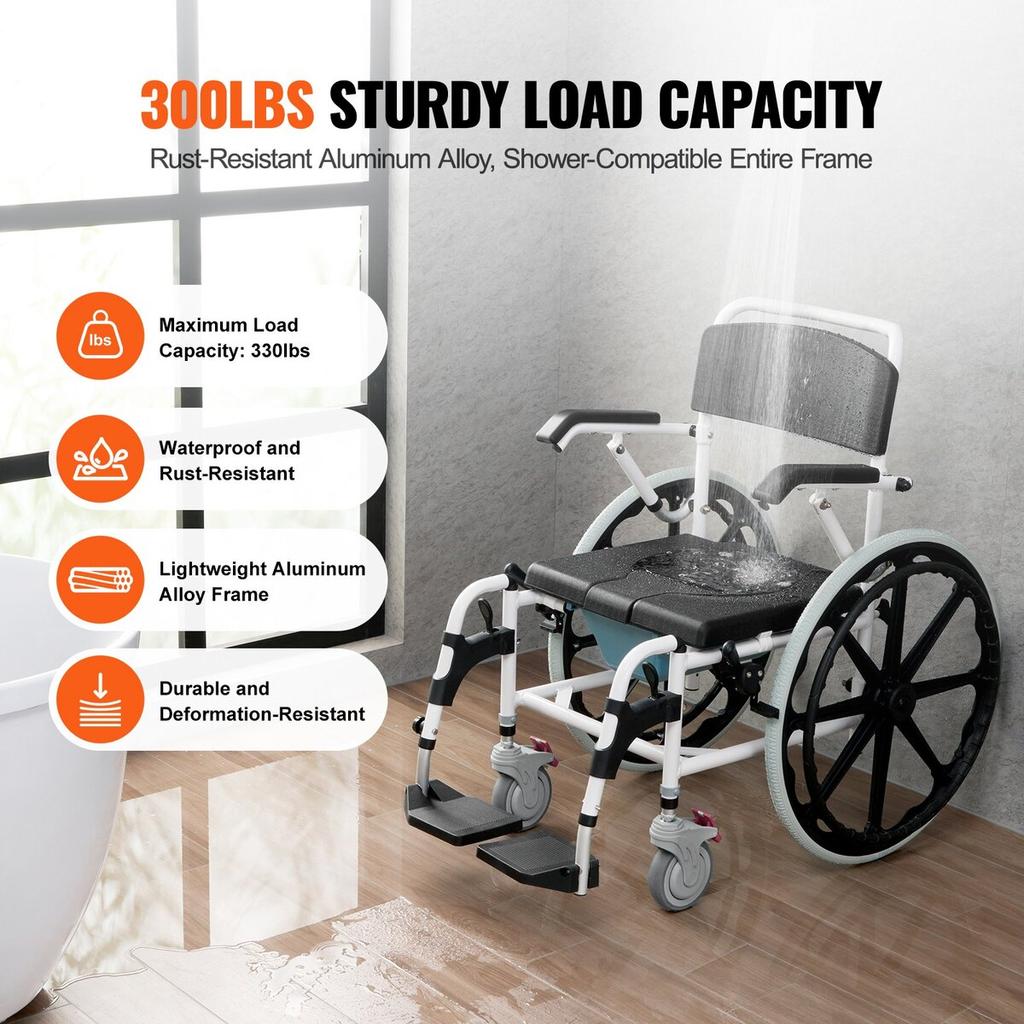Shower Wheelchair 17.5in Al Alloy Commode Bathroom Wheelchair for Disabled