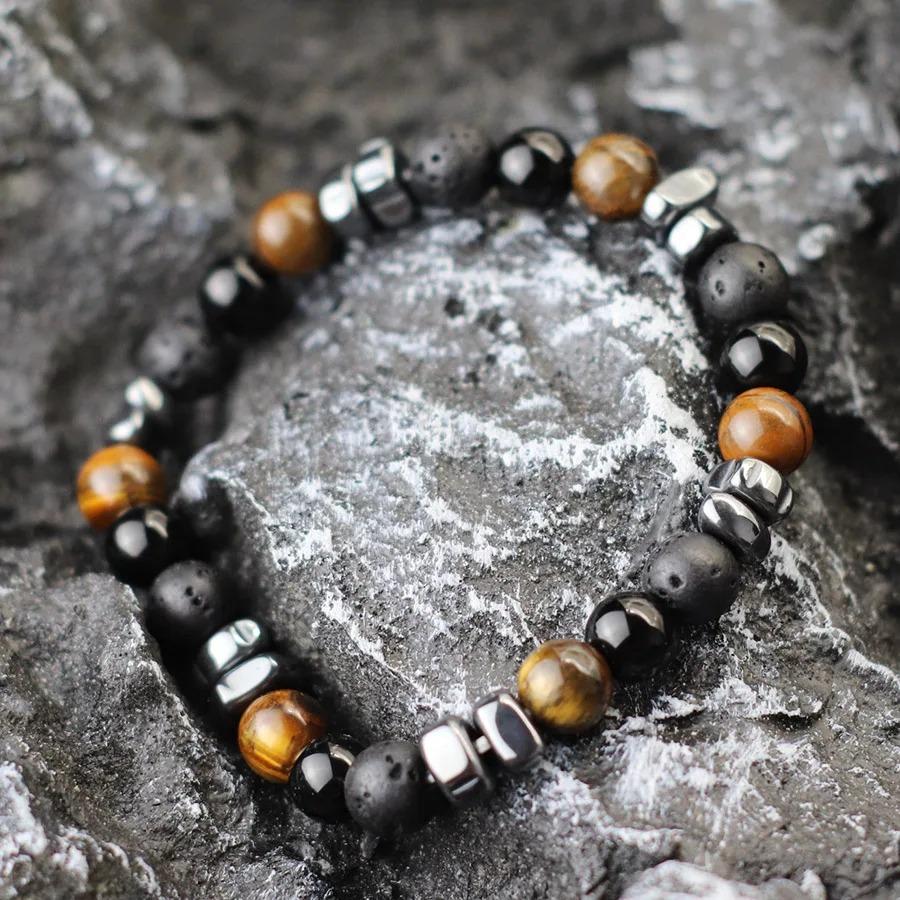 Natural Hematite Stone Beaded Bracelet Men Handmade Unfading Strand Braclet Jewelry Office Leisure Homme Accessories