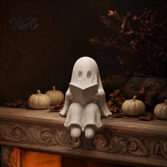 Small Shelf Sitter Ghost Reading Book Halloween Decoration, 3D Printed Statue, Creative Holiday Gift Cute Spooky Sitting Figurine for Bookshelf,