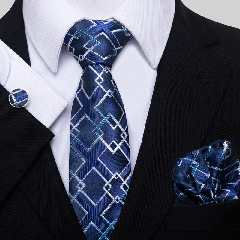 Men's 8cm Solid & Polka Dot Plaid Tie Set with Cufflinks & Pocket Square