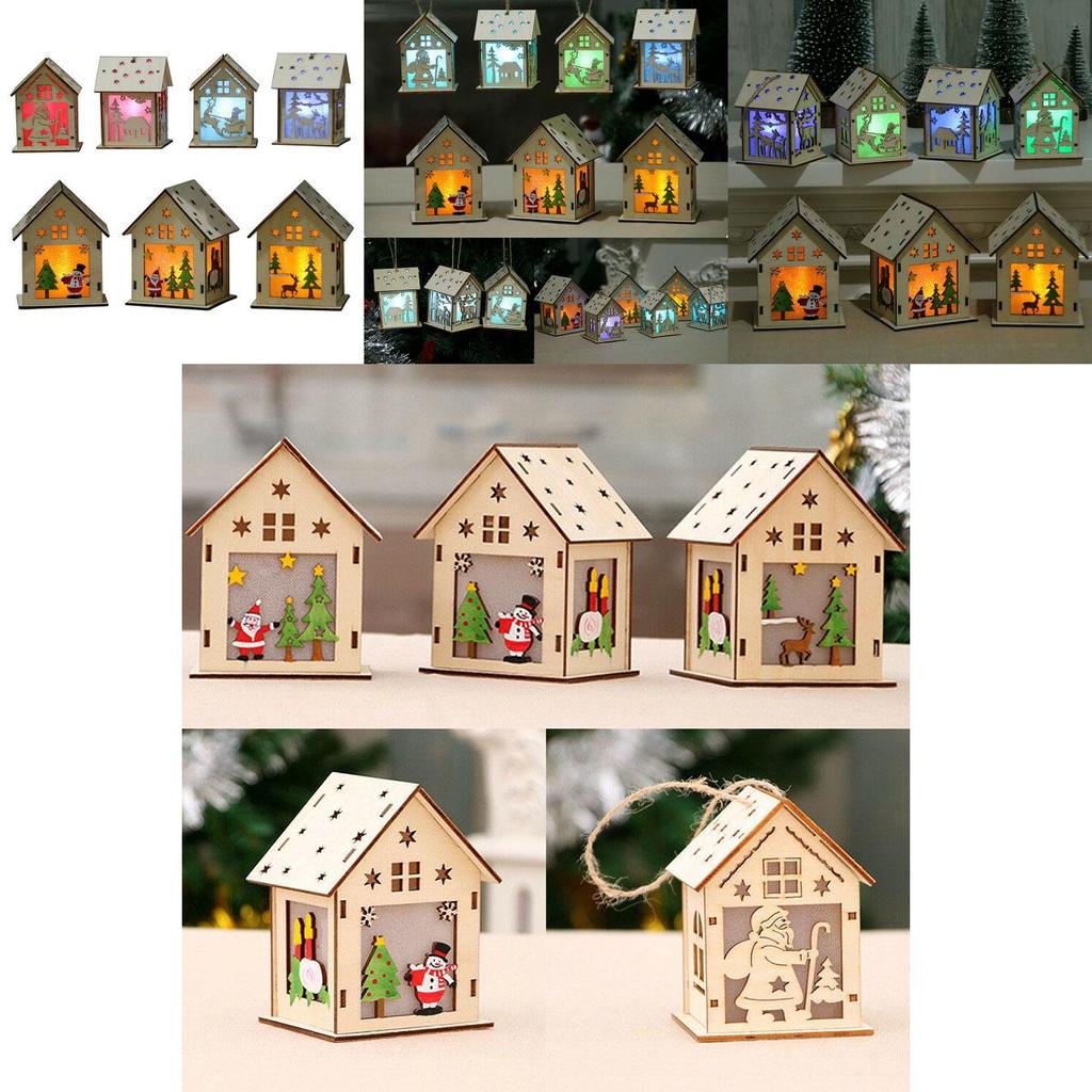 Elegant Led Light Wood House Ornament For Christmas Tree Hanging Decor