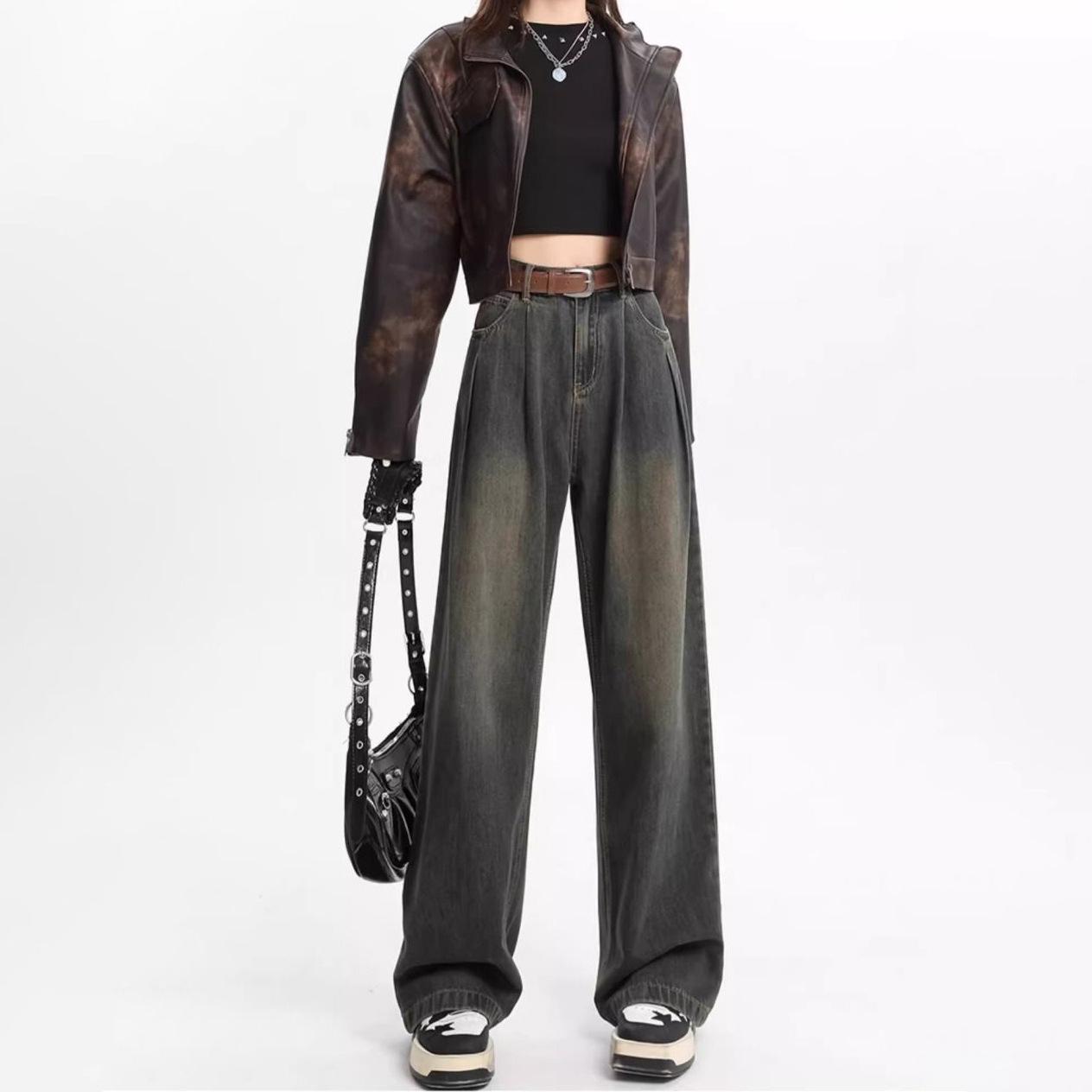 

Американские ретро женские джинсы с высокой посадкой и широкими штанинами - осенне-зимний стиль, свободные, драпирующиеся брюки-швабры. XXL