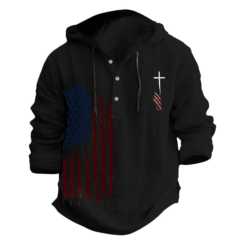 Independence Day Printed Men's Cotton And Linen Shirt Hooded Long-sleeved Hooded Spring And Summer Casual Daily Wear