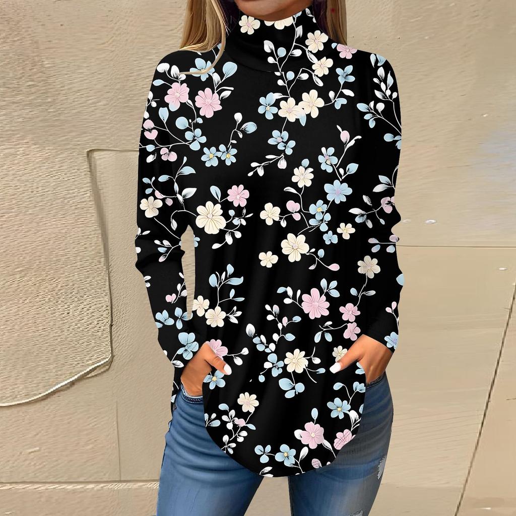 Women's Fashionable Casual High Neck Printed Long Sleeve T-Shirt Pullover Top