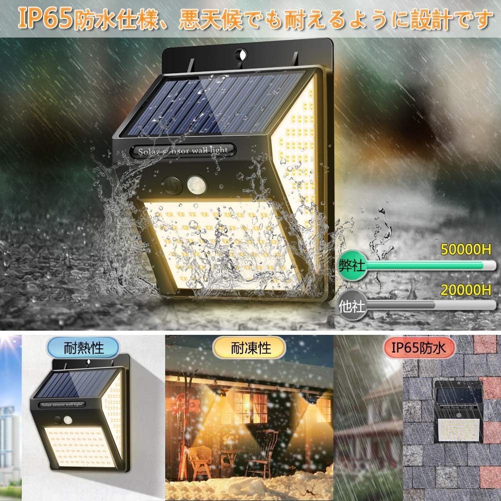 BINGONE Warm White, High Brightness 220 LED Solar Light, Outdoor Sensor Light, Garden Light, 3 Lighting Modes, 3-Sided Lighting, 2800mAh, IP65