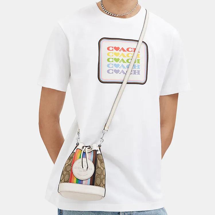 COACH Dempsey Canvas Leather Bucket Bag , Shoulder Bag , Crossbody Bag , Handbag Mini Women's Brown White (Unisex) Handbags CJ661 SVOT8